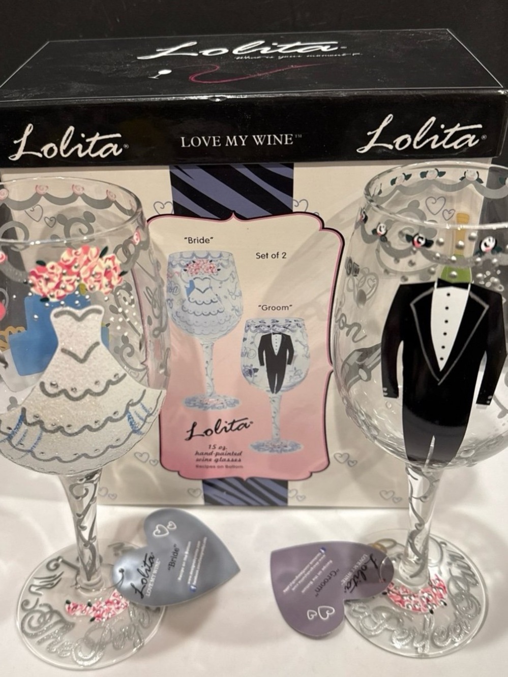 Lolita Hand-Painted Bride & Groom Wine Glasses — White, Black, Pink